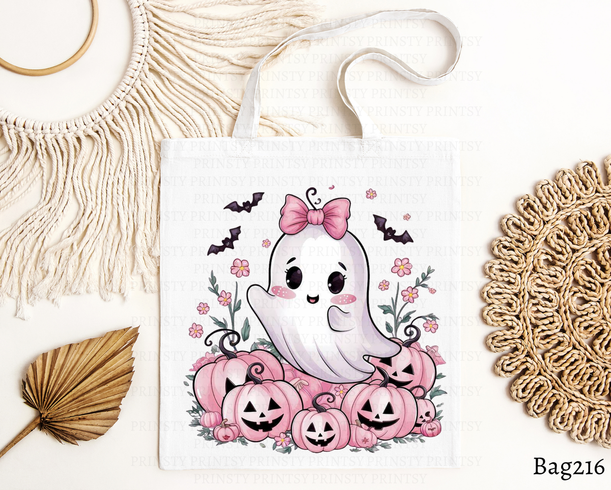 Pink Bow Ghost and Pumpkins Tote Bag