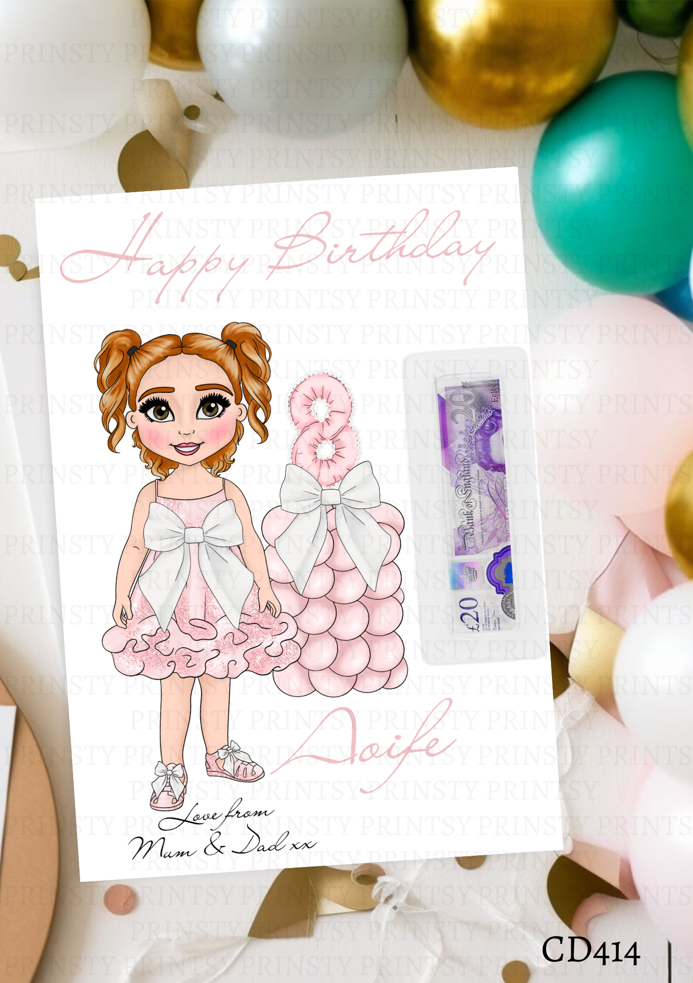 Pink & White Bow Dolly Money Card
