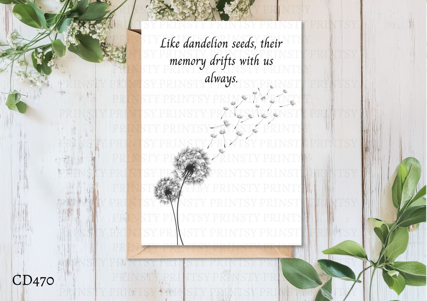 Greeting card with dandelion illustration and text on a wooden surface with floral elements
