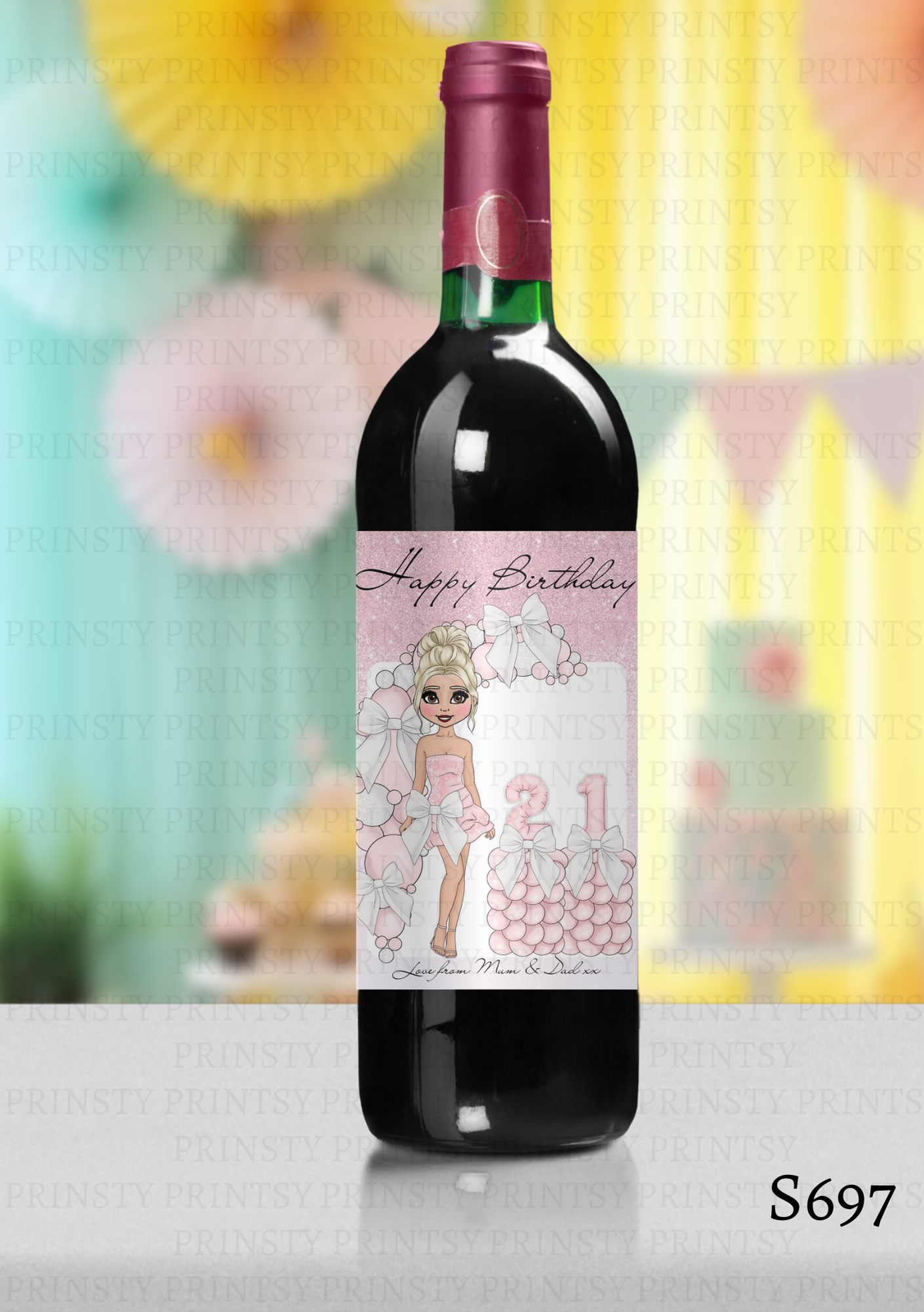 Pink & White Bow Dolly Wine Bottle Sticker