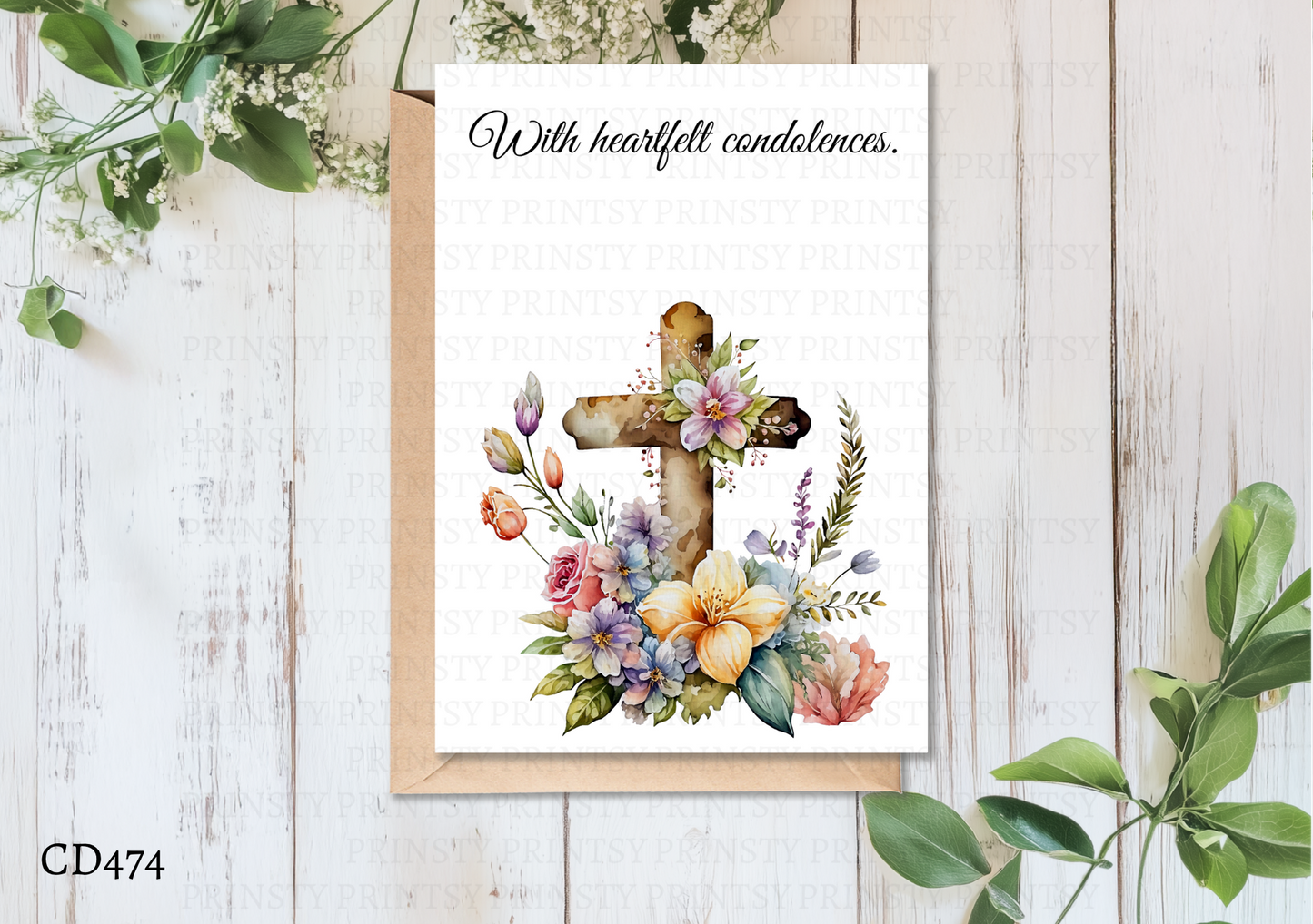 Floral cross card with flowers and text on a wooden surface
