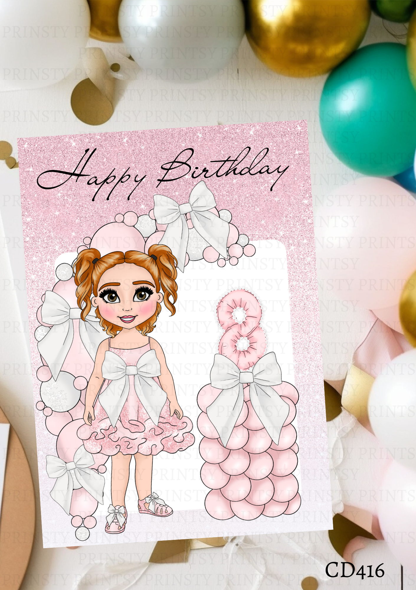 Pink & White Bow Dolly Celebration Card