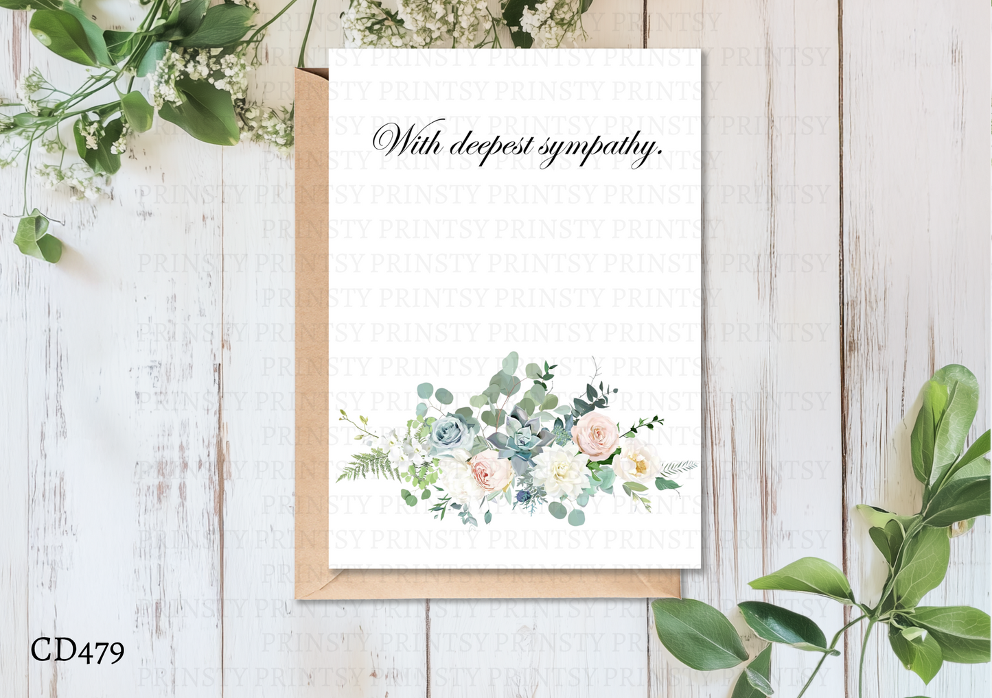 Floral card with envelope on a wooden surface