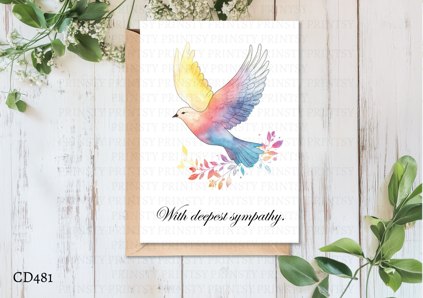 Colorful bird illustration on a card with floral elements on a wooden surface