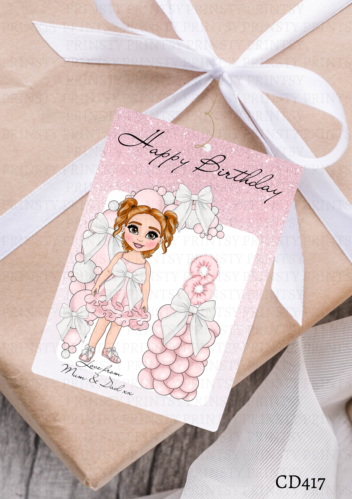 Pink & White Bow Dolly Gift Label
