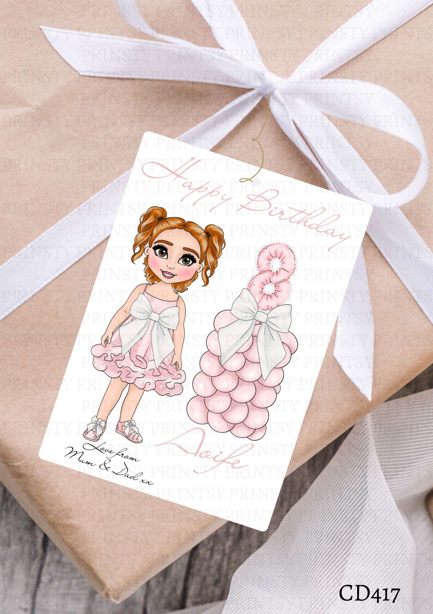 Pink & White Bow Dolly Gift Label