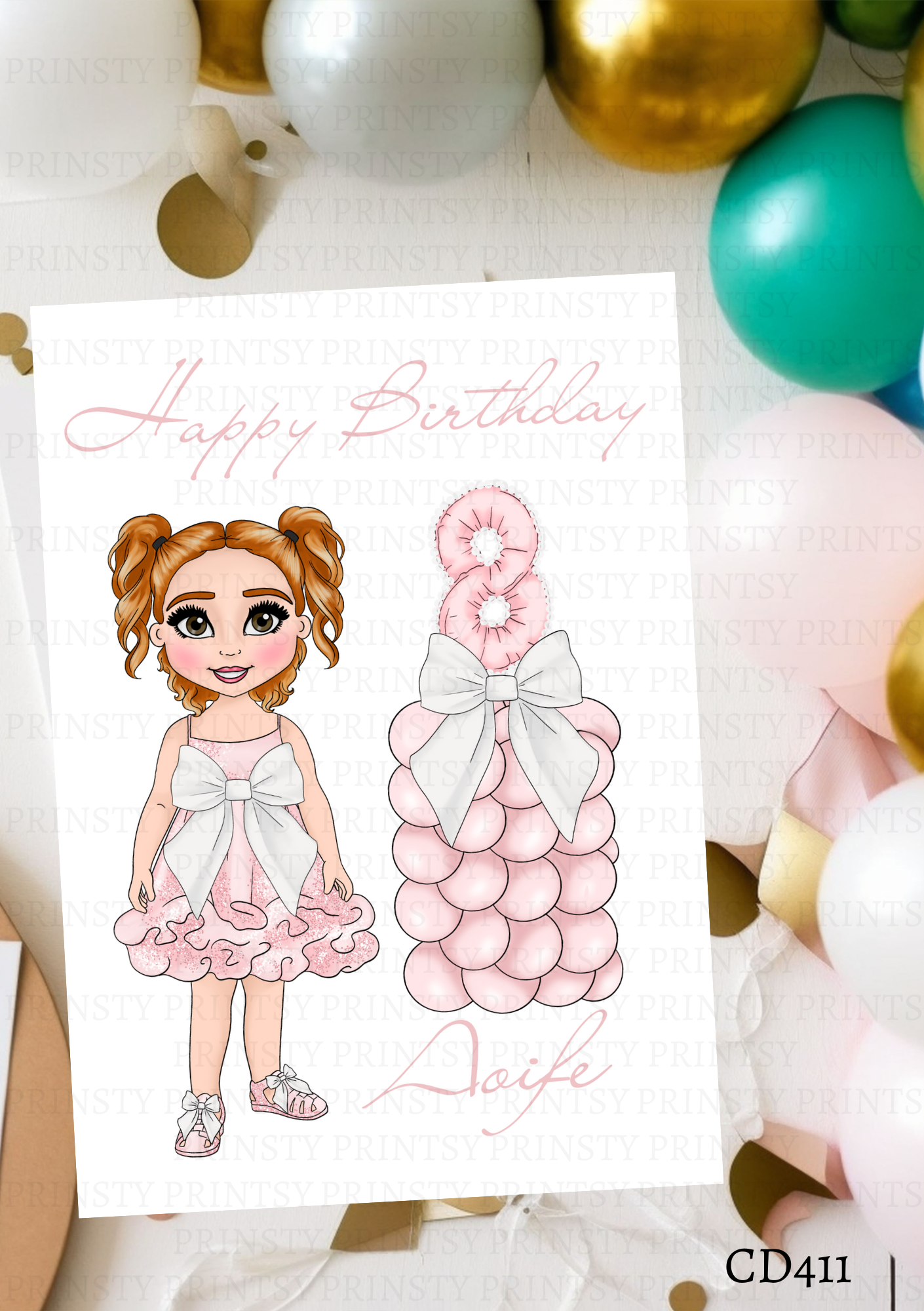 Pink & White Bow Dolly Celebration Card
