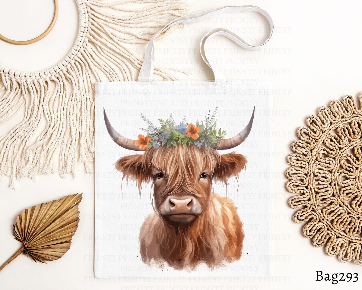 Wildflower Crown Highland Cow Tote Bag