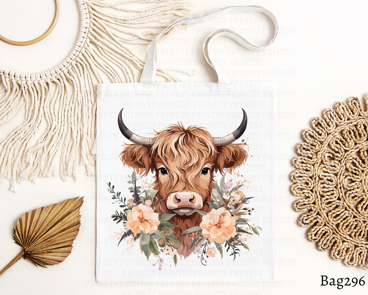 Peach Floral Wreath Highland Cow Tote Bag