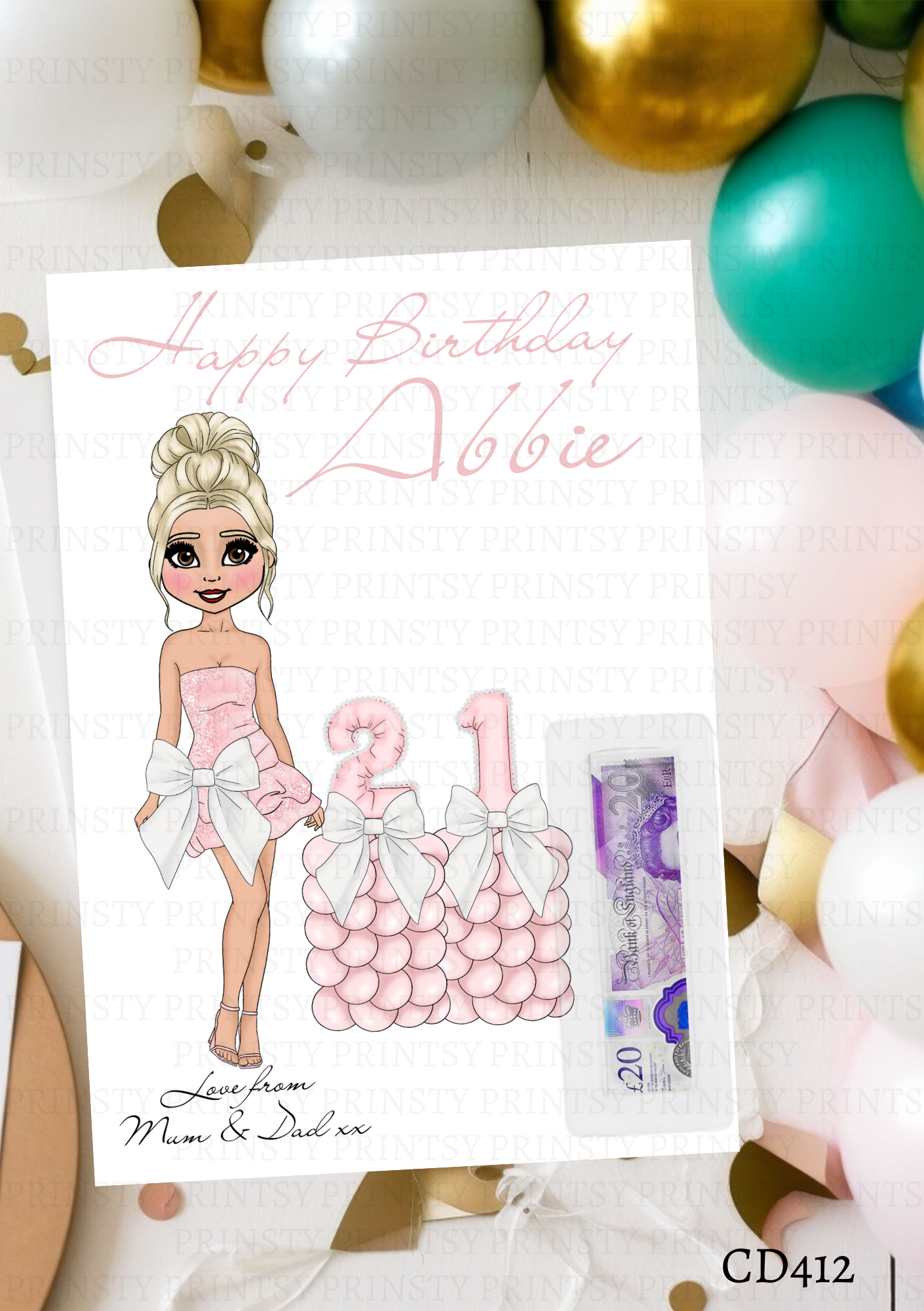 Pink & White Bow Dolly Money Card