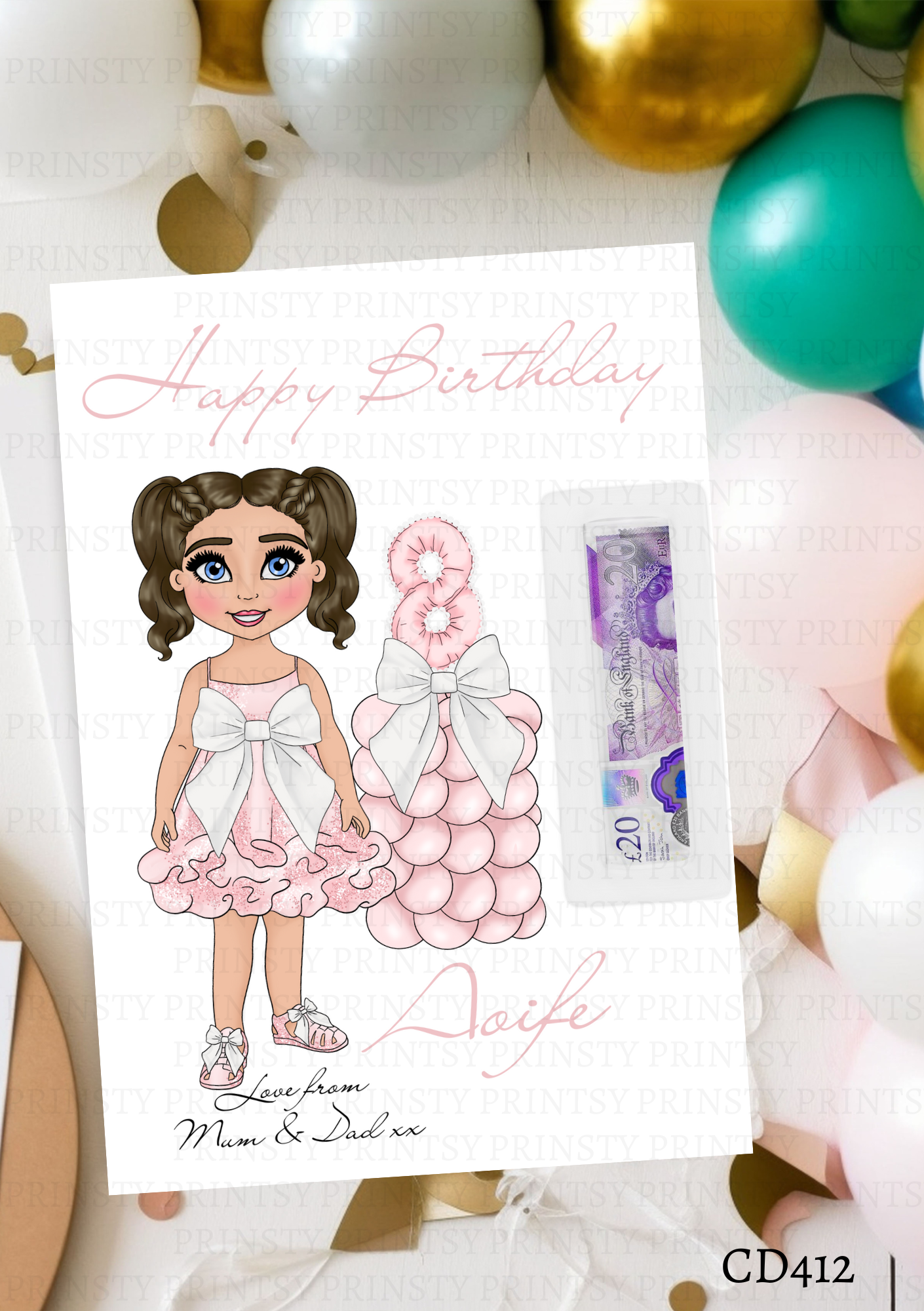 Pink & White Bow Dolly Money Card