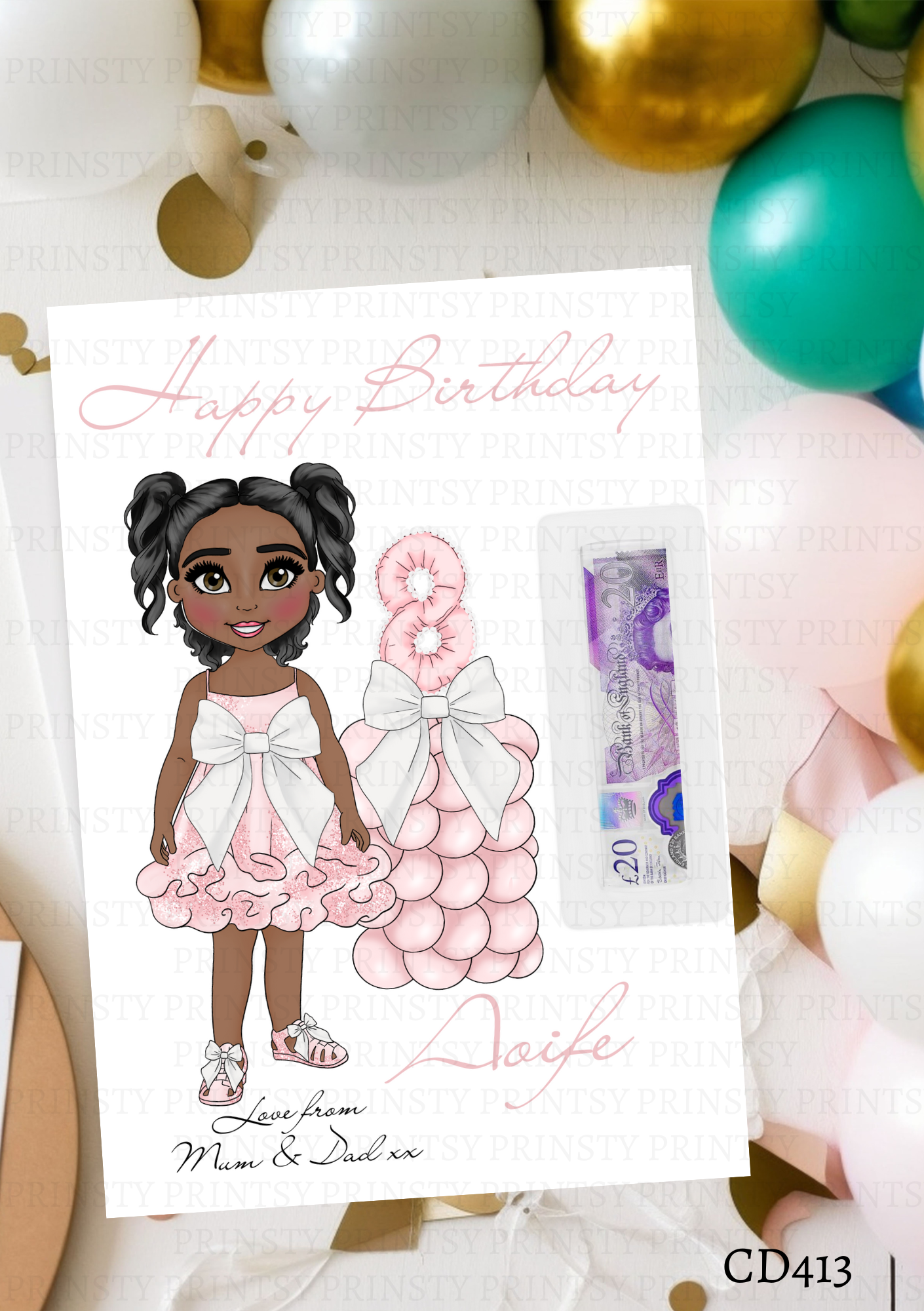 Pink & White Bow Dolly Money Card