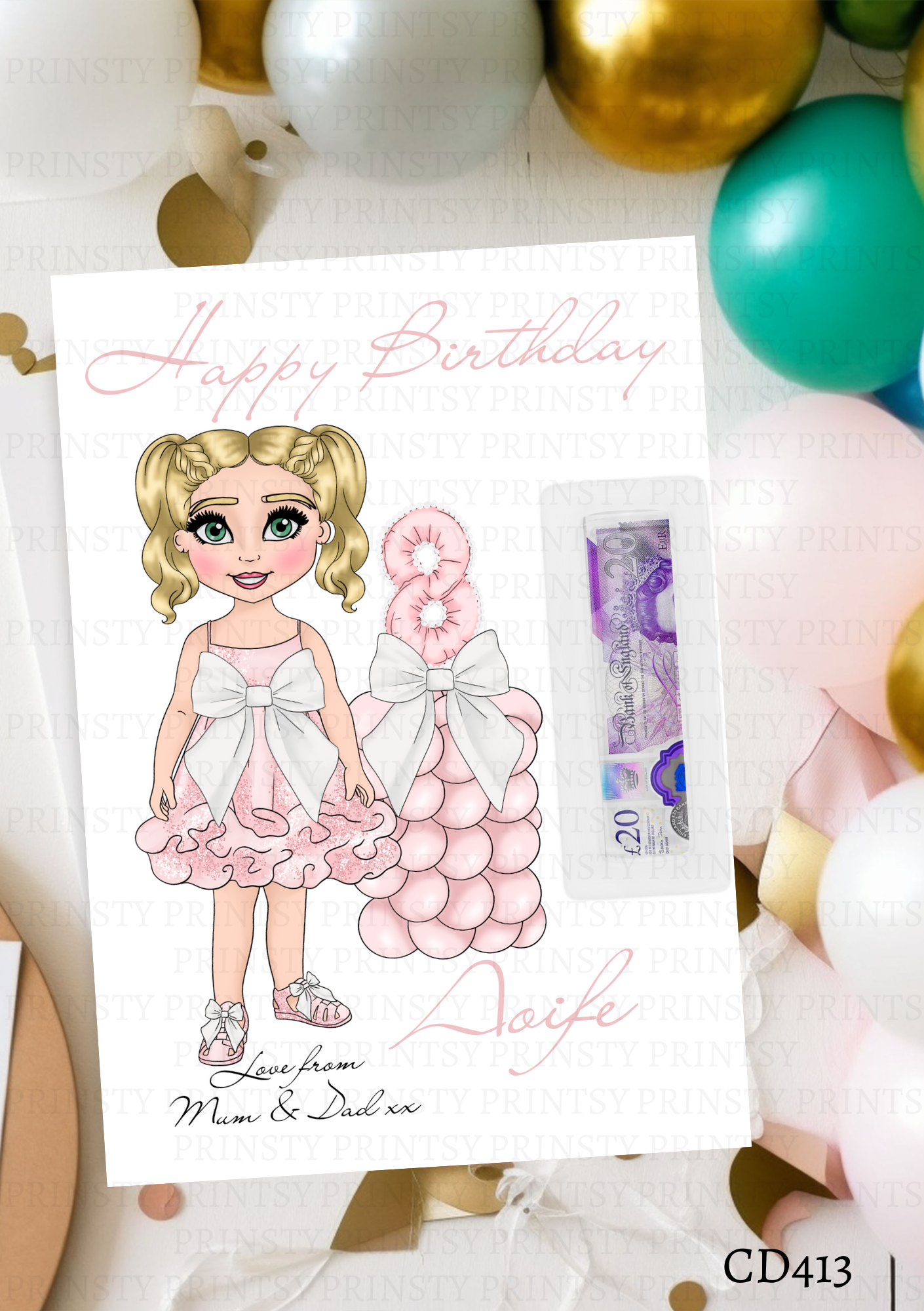 Pink & White Bow Dolly Money Card