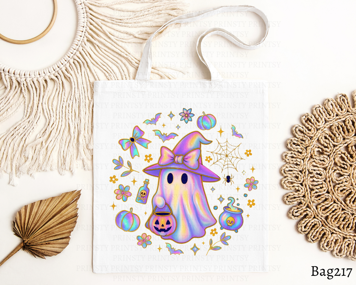 Pastel Rainbow Witch Ghost Tote Bag