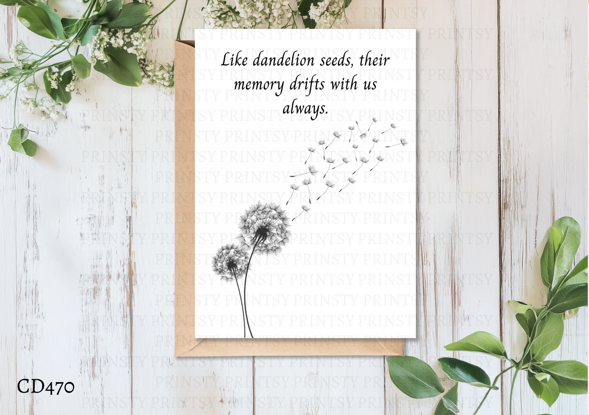 Greeting card with dandelion illustration and text on a wooden surface with floral elements
