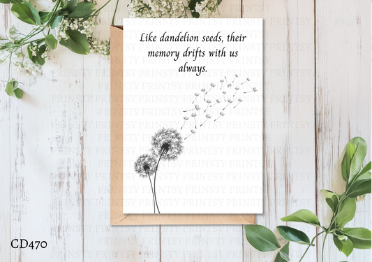 Greeting card with dandelion illustration and text on a wooden surface with floral elements