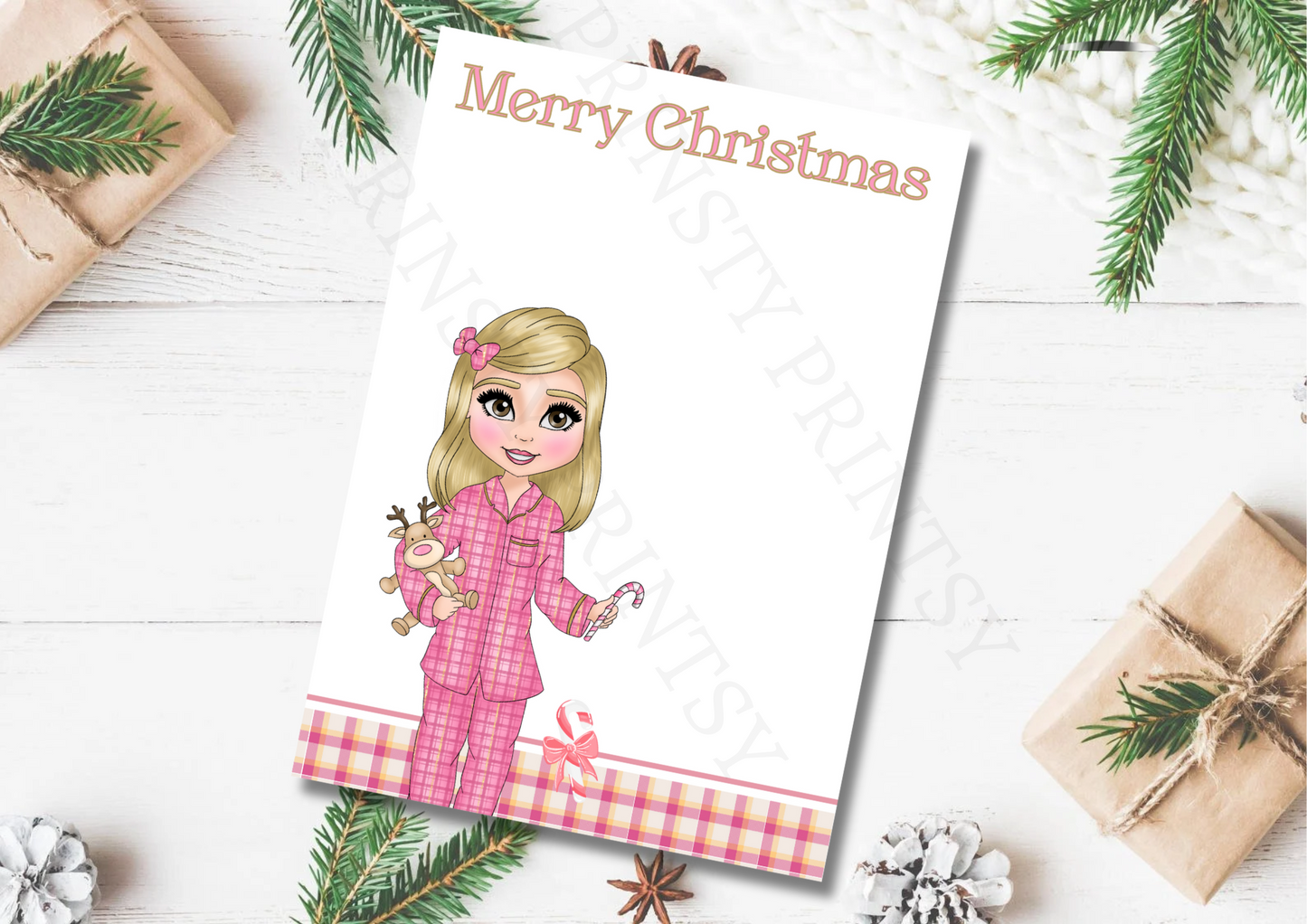 Pink Pj's Christmas Dolly Bow Card