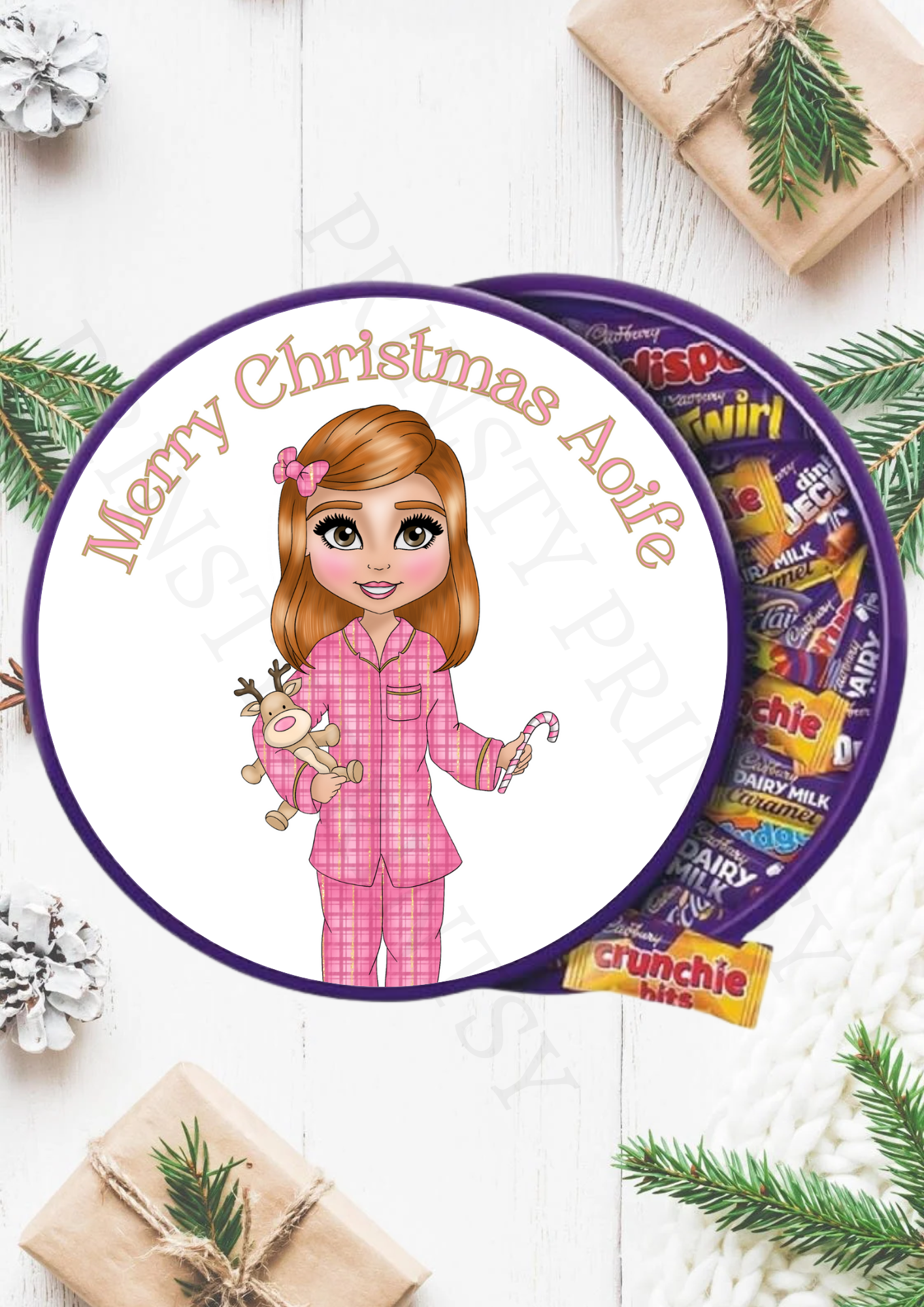 Pink Pj's Christmas Dolly Chocolate Tub Sticker