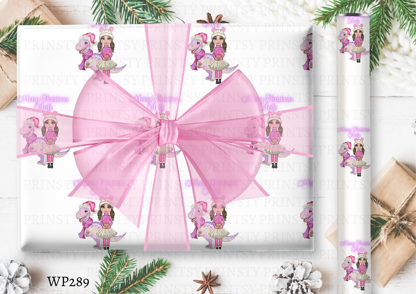 Pink Dino Christmas Dolly Wrapping Paper