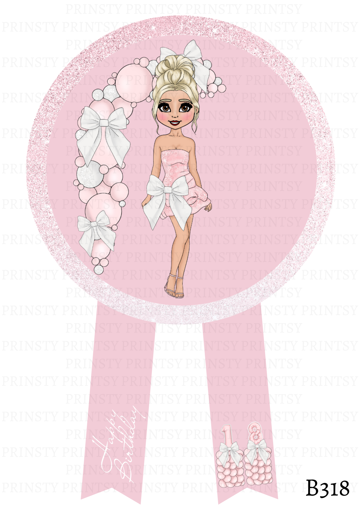 Pink & White Bow Dolly Badge