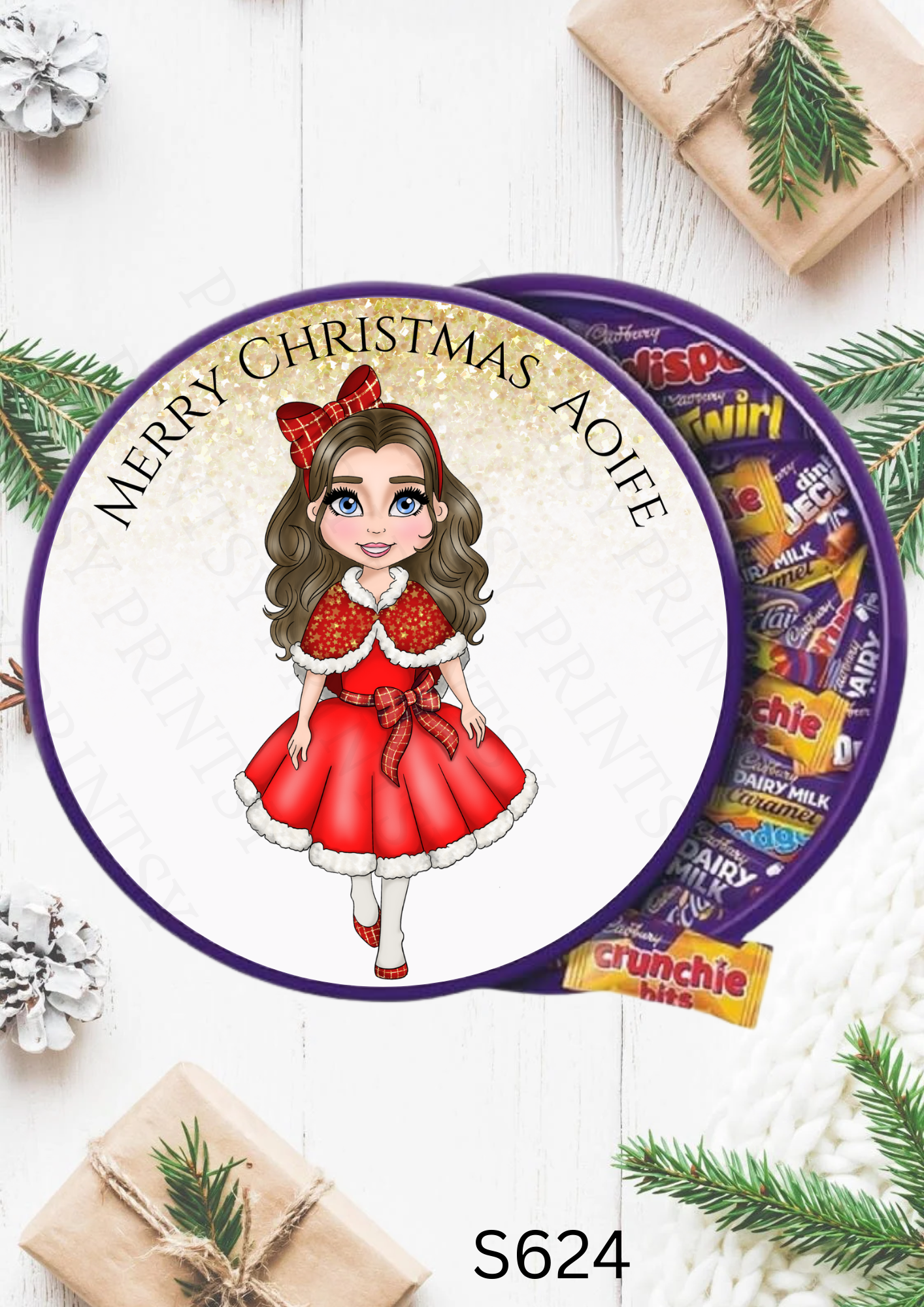 Christmas Red Dress Dolly Chocolate Tub Sticker