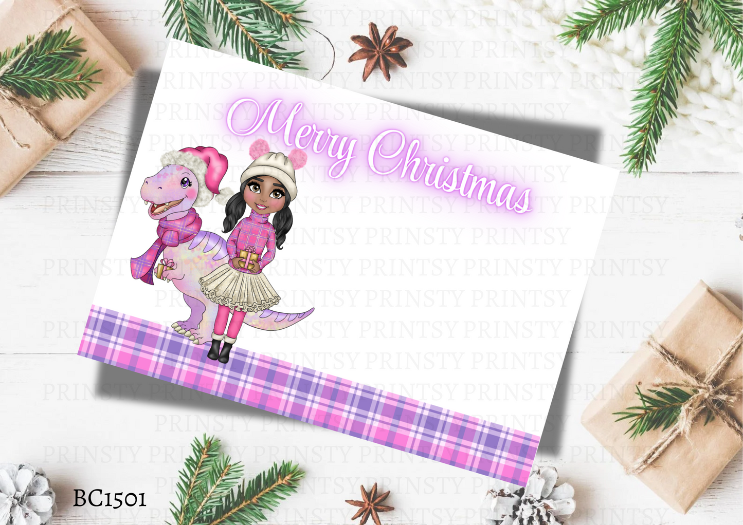 Pink Dino Christmas Dolly Bow Card