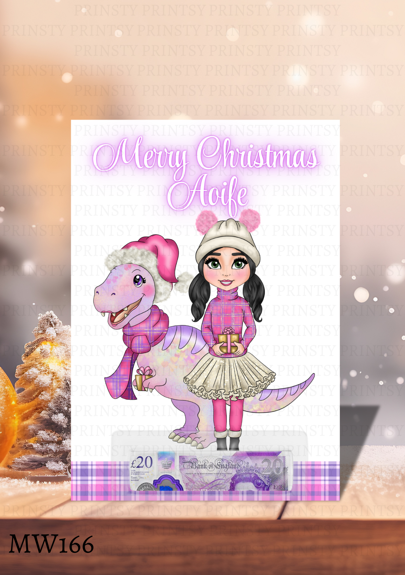 Pink Dino Christmas Dolly Money Card