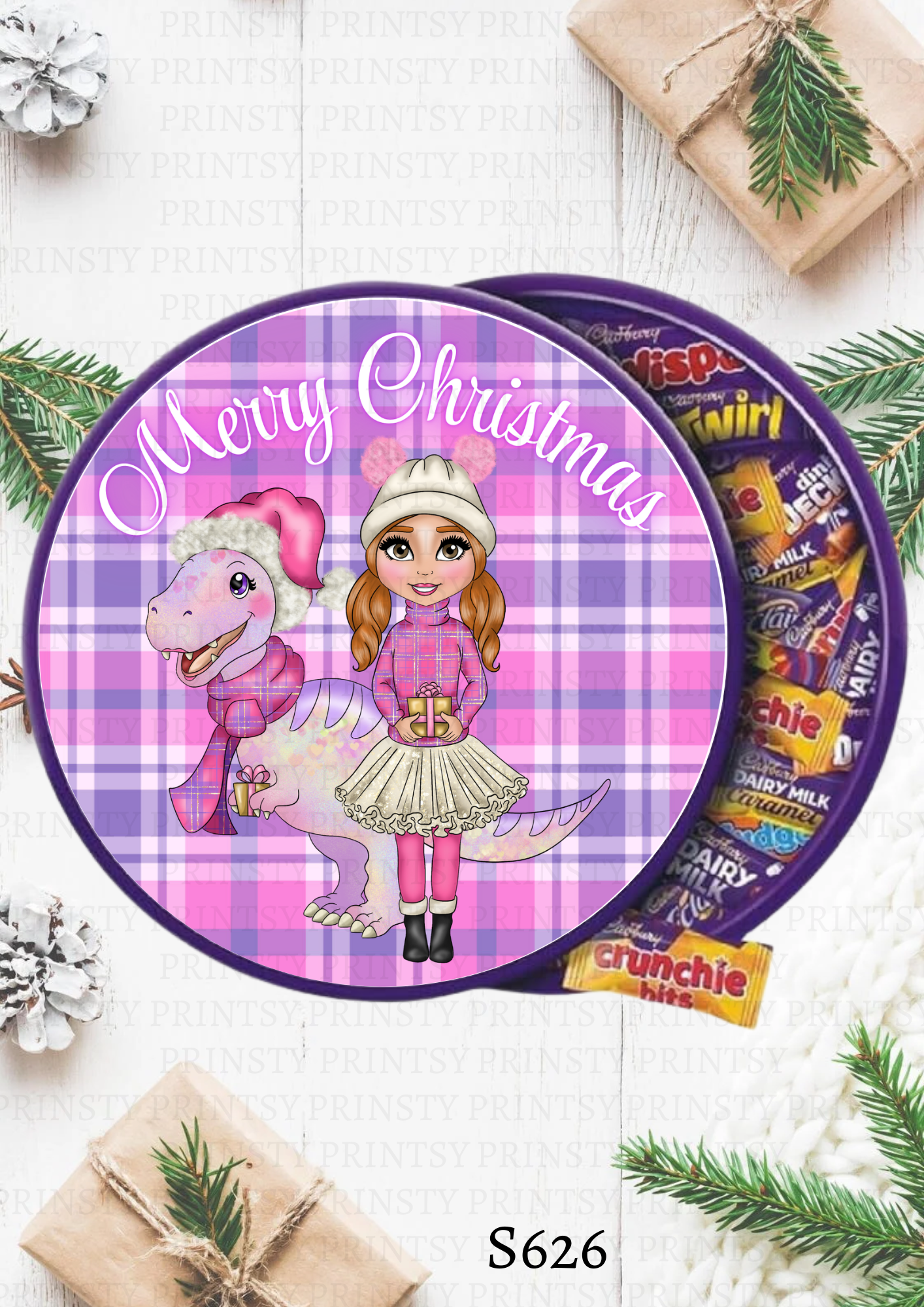 Pink Dino Christmas Dolly Chocolate Tub Sticker