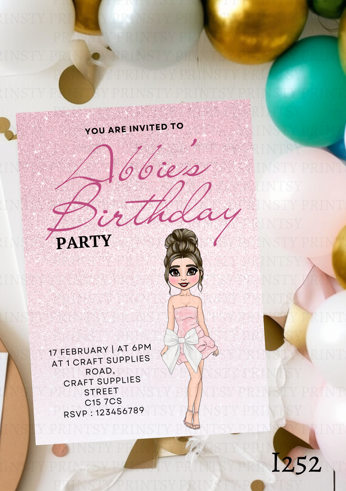 Pink & White Bow Dolly Invite