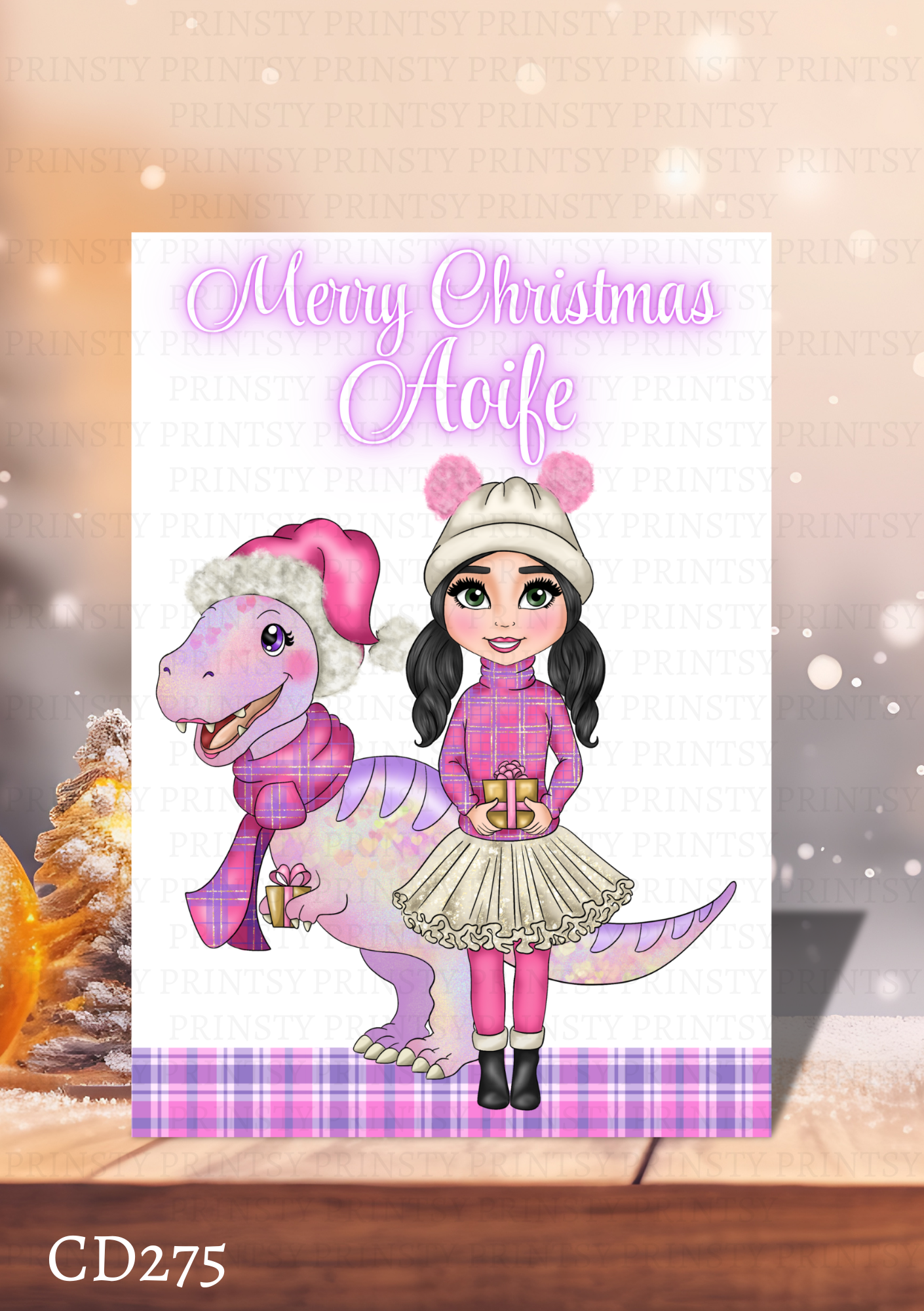 Pink Dino Christmas Dolly Card