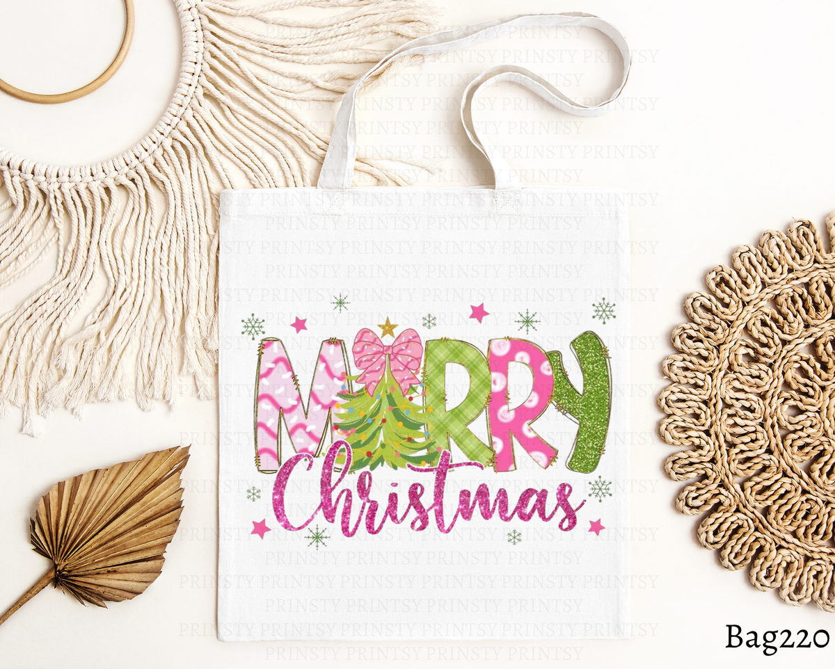 Pink and Green Merry Christmas Tote Bag