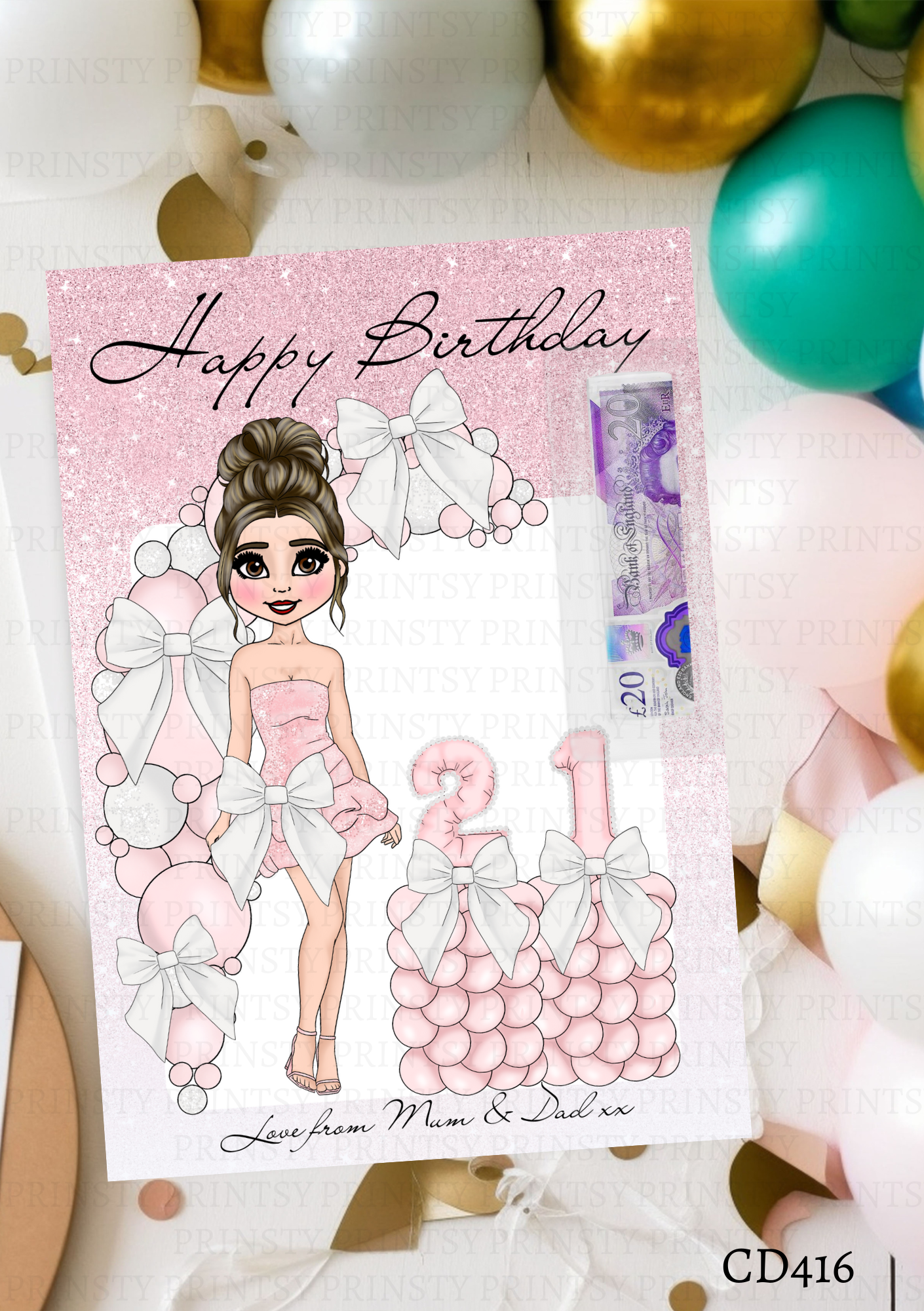 Pink & White Bow Dolly Money Card