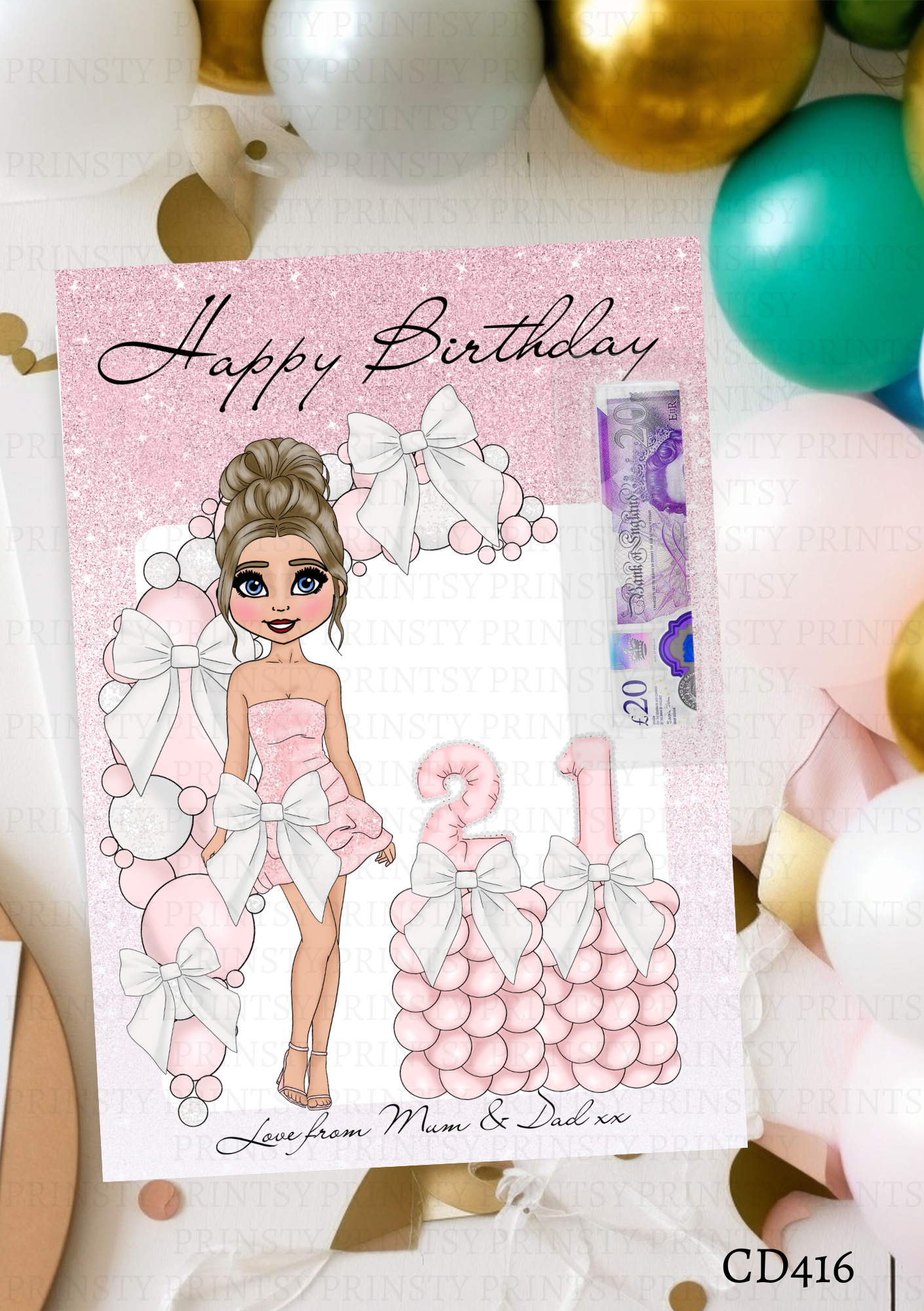 Pink & White Bow Dolly Money Card