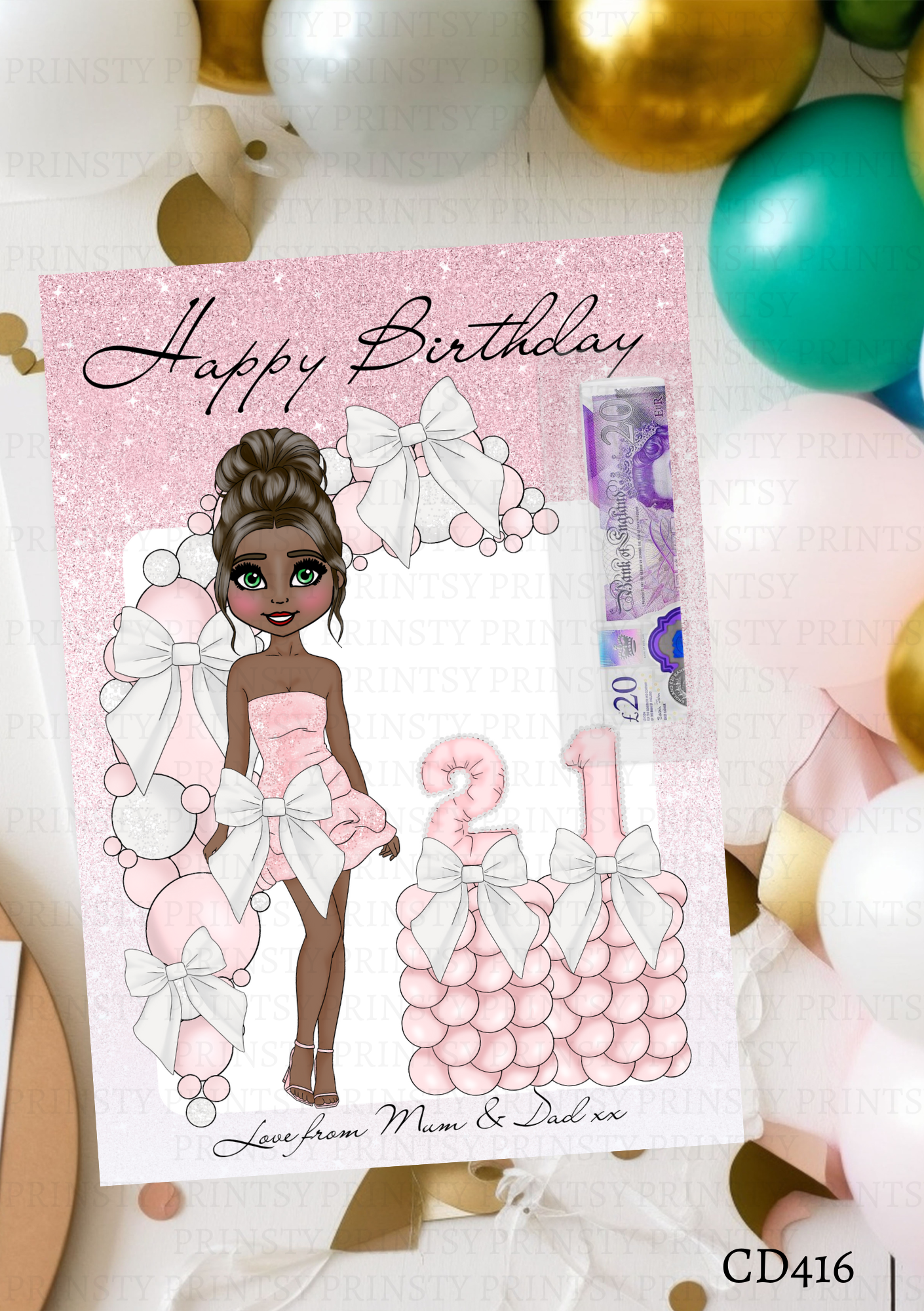 Pink & White Bow Dolly Money Card
