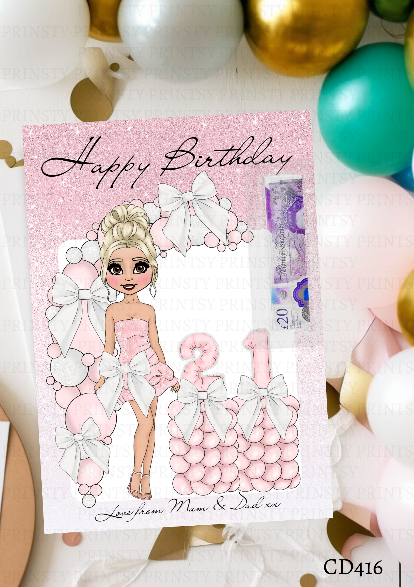 Pink & White Bow Dolly Money Card