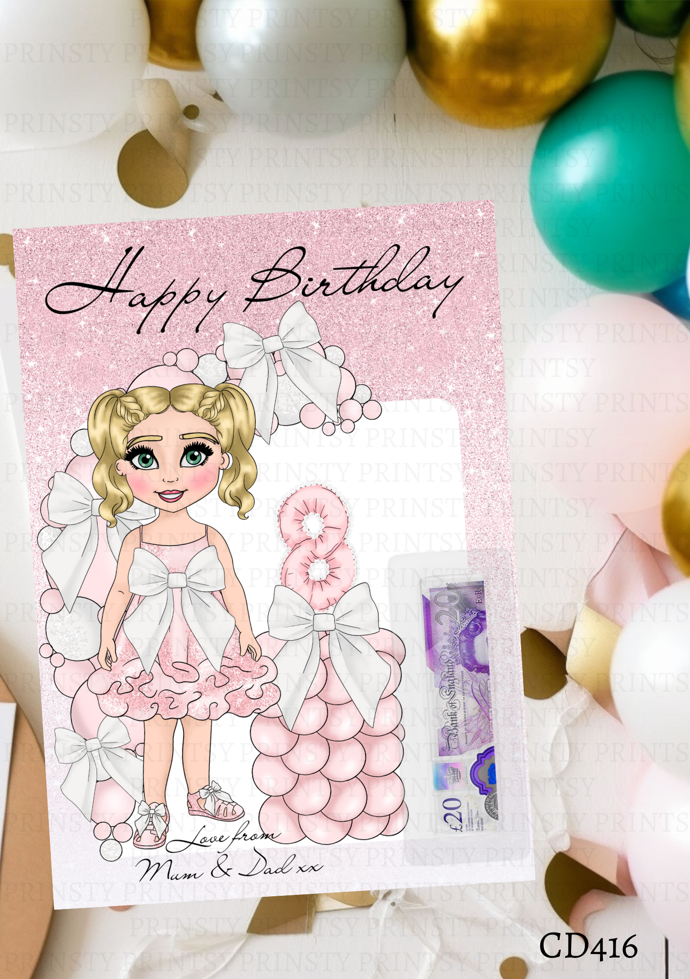 Pink & White Bow Dolly Money Card
