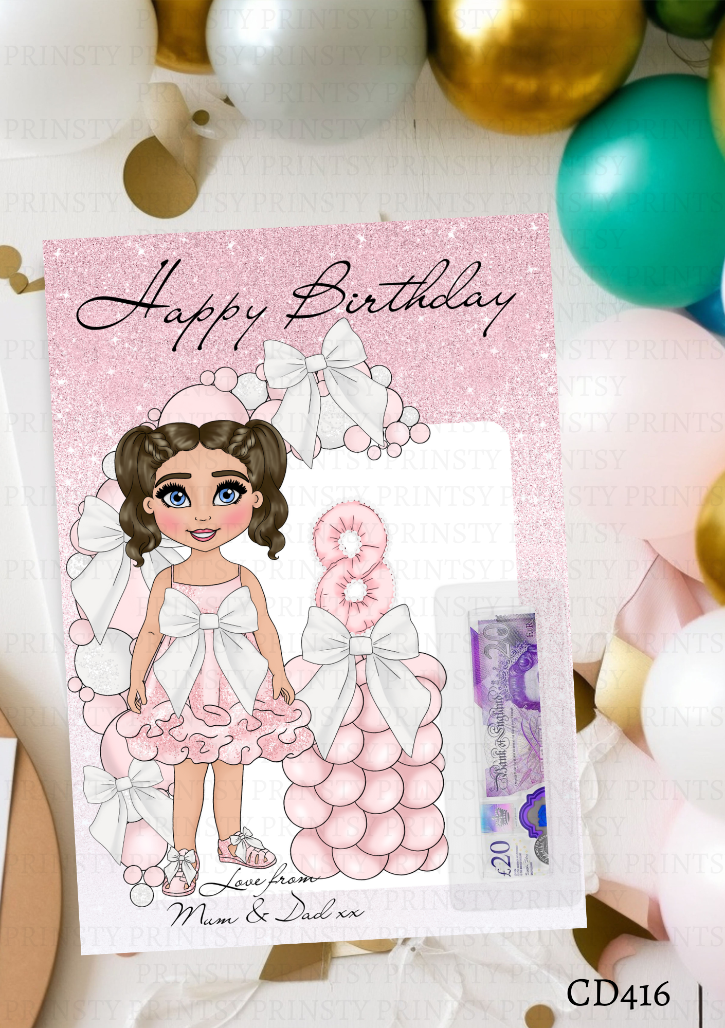 Pink & White Bow Dolly Money Card