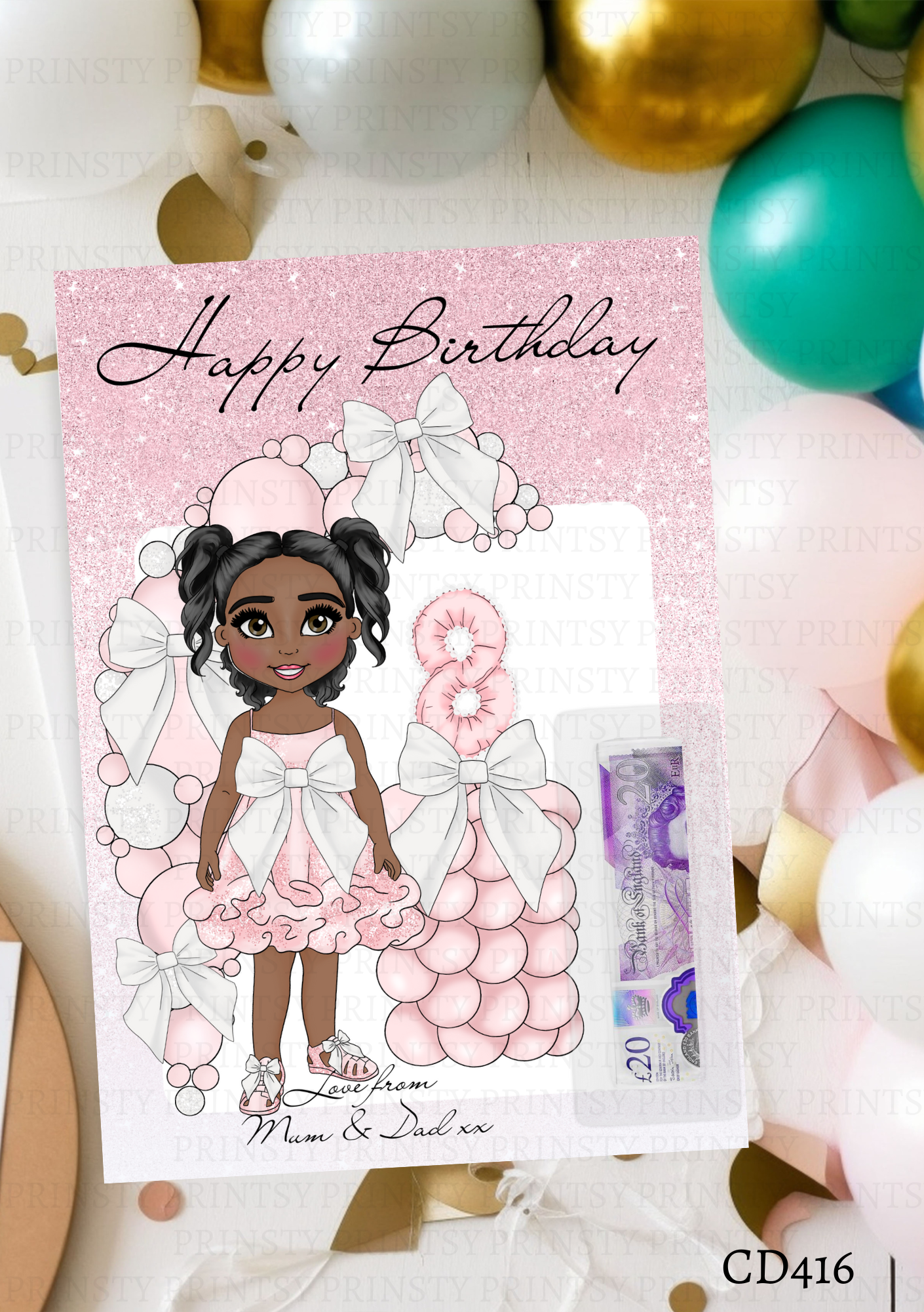 Pink & White Bow Dolly Money Card