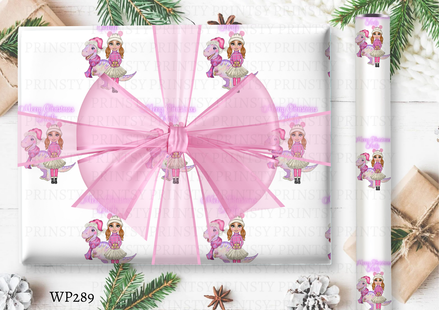 Pink Dino Christmas Dolly Wrapping Paper