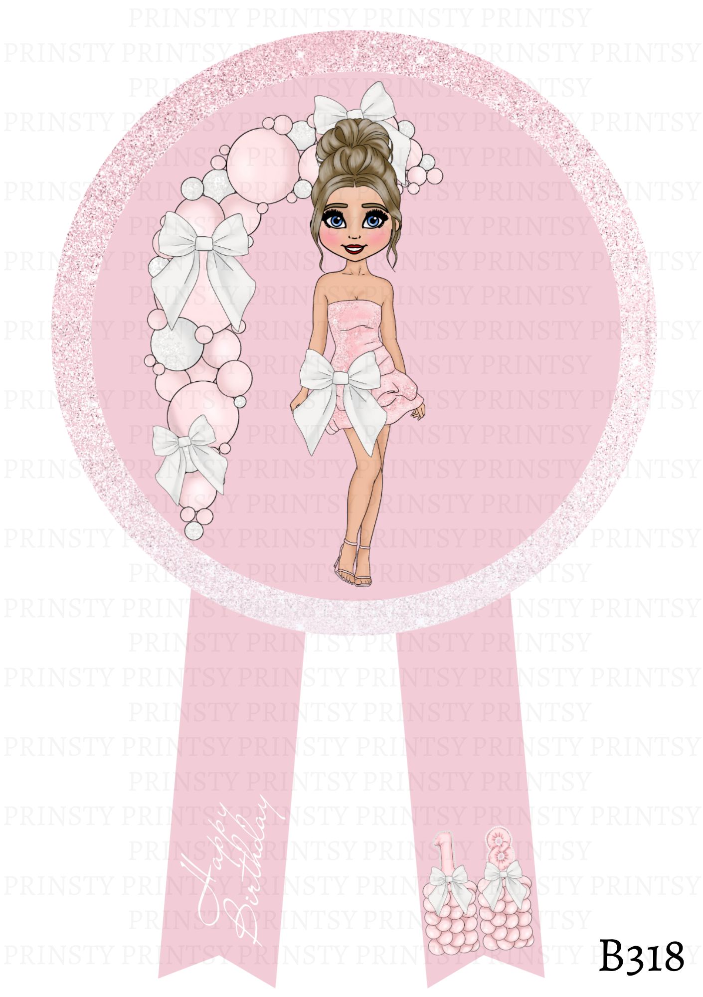 Pink & White Bow Dolly Badge