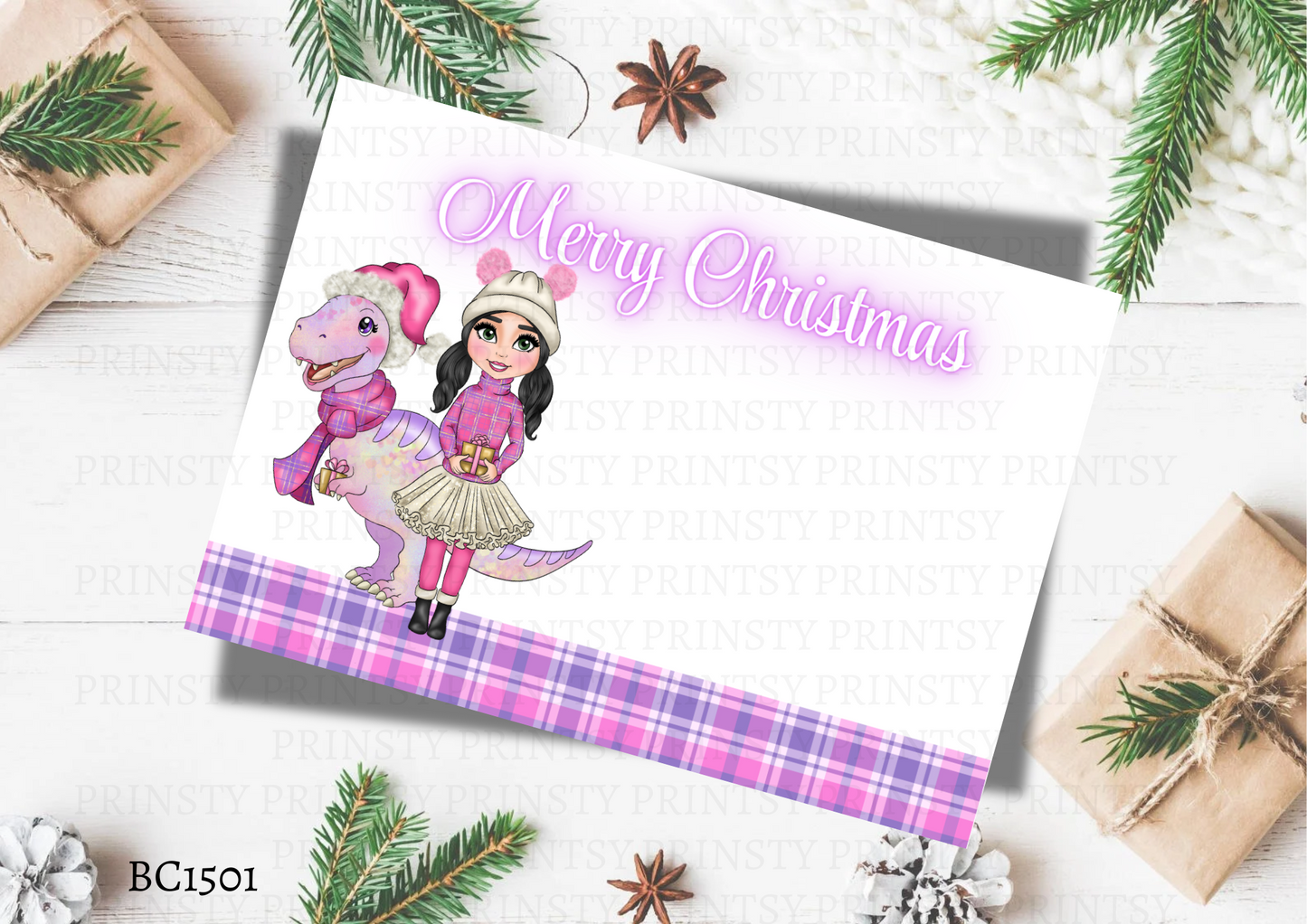 Pink Dino Christmas Dolly Bow Card