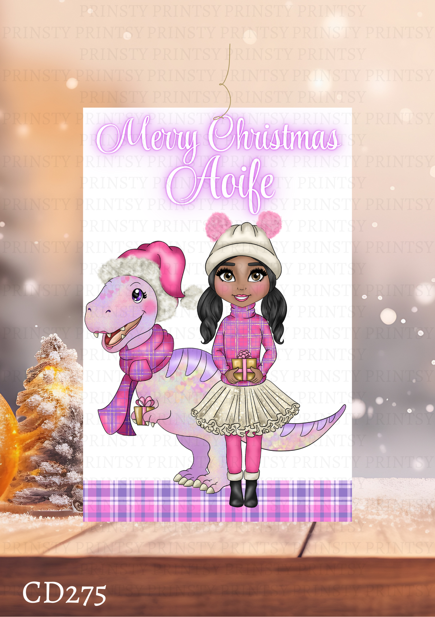 Pink Dino Christmas Dolly Gift Label