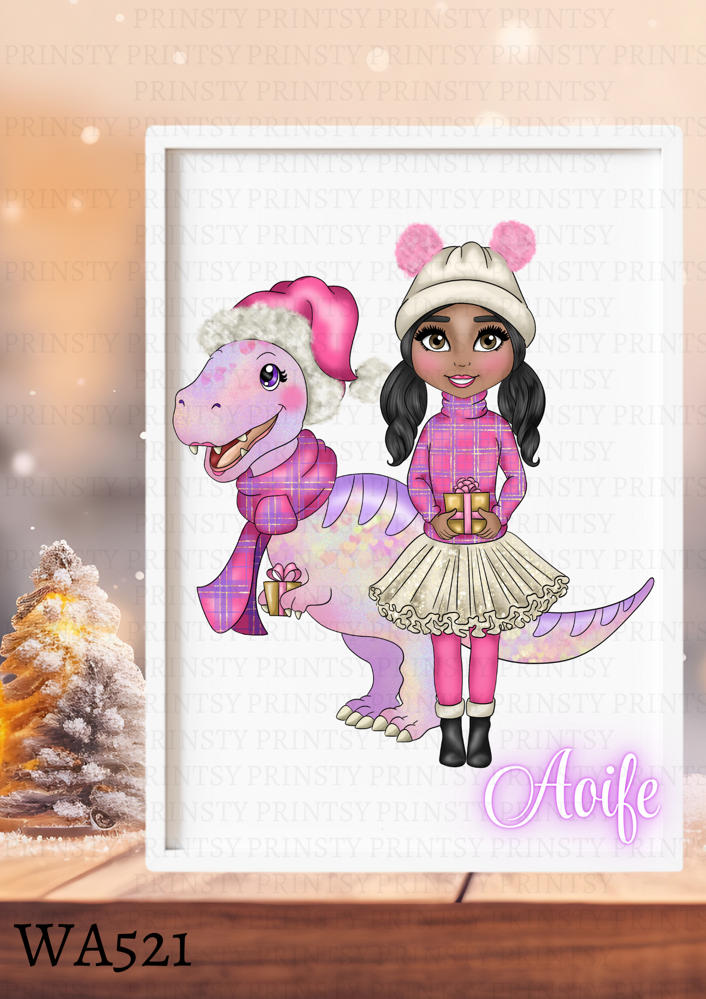 Pink Dino Christmas Dolly Wall Art