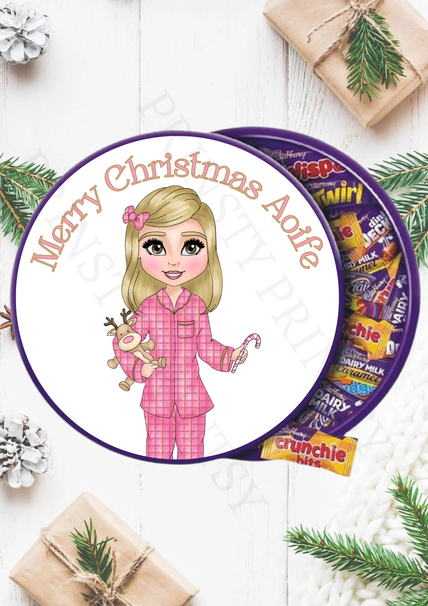 Pink Pj's Christmas Dolly Chocolate Tub Sticker