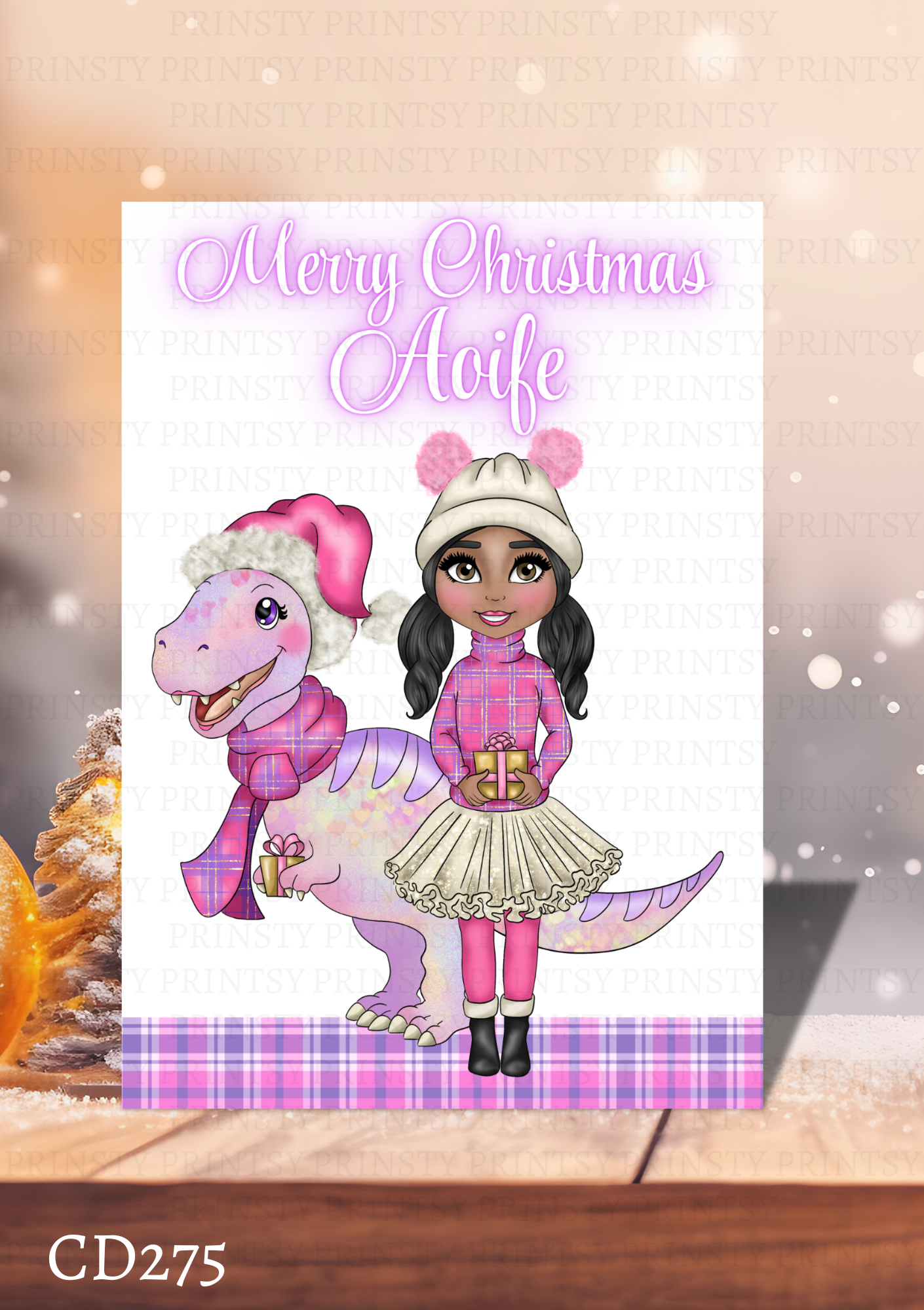 Pink Dino Christmas Dolly Card