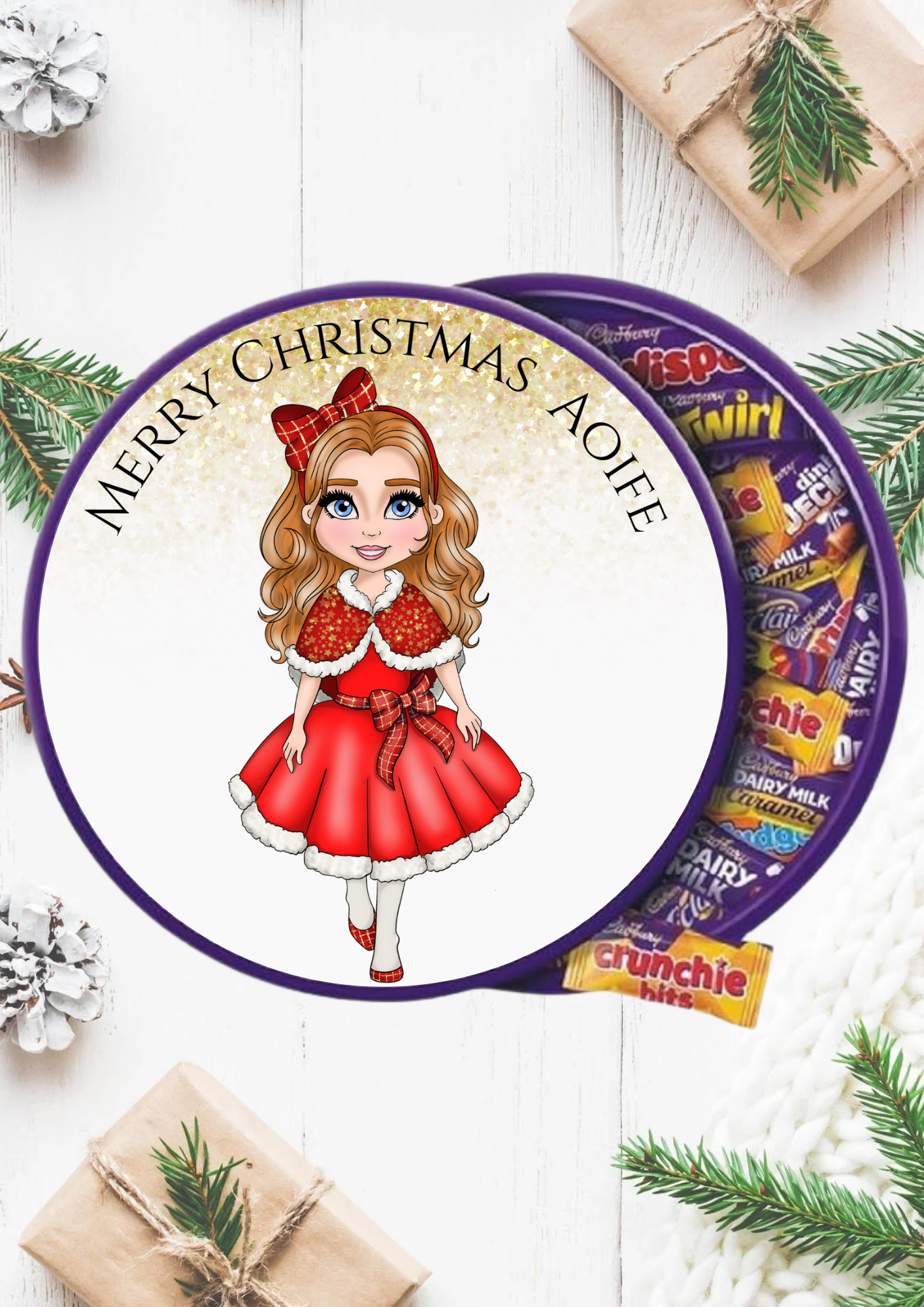 Christmas Red Dress Dolly Chocolate Tub Sticker