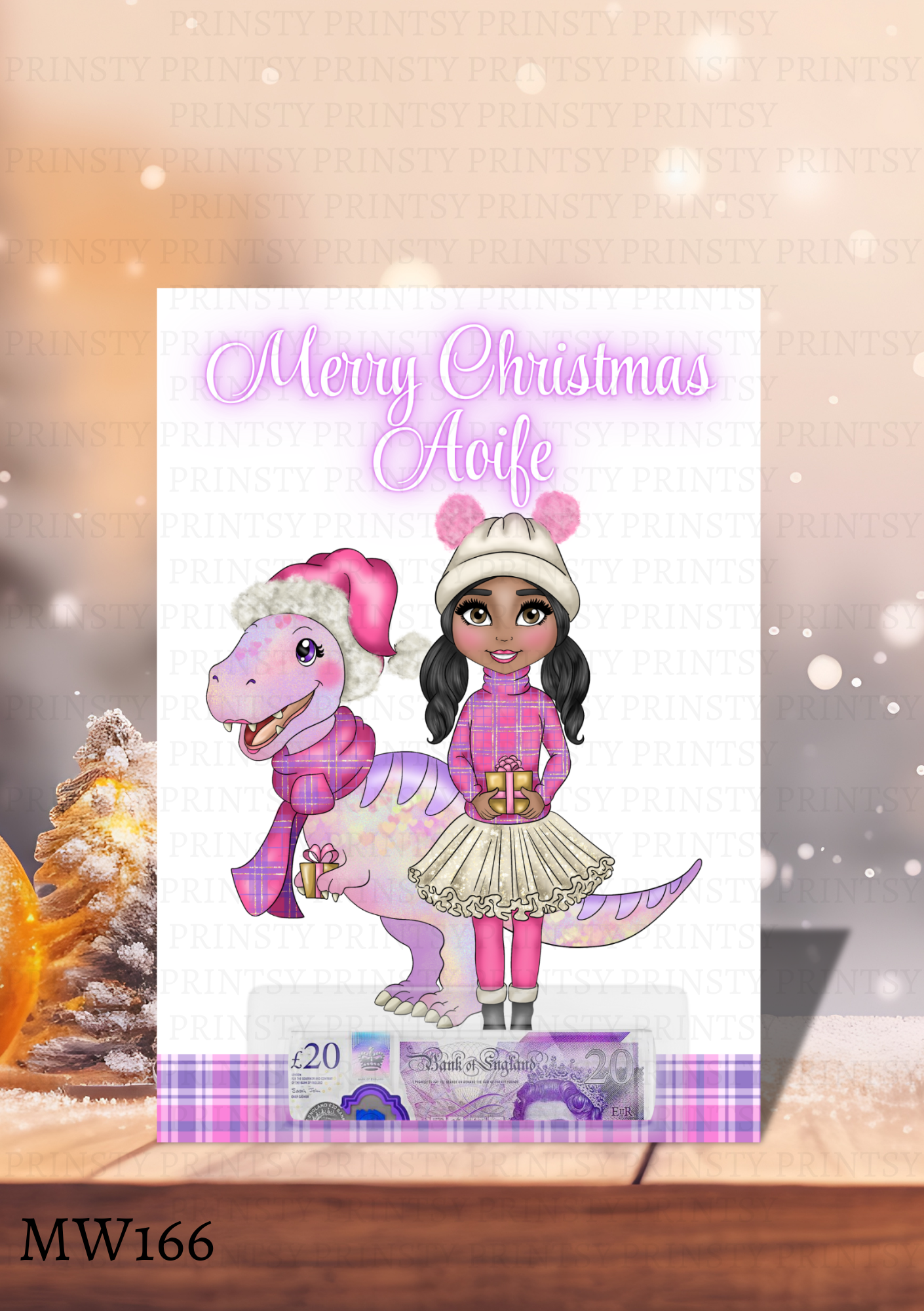 Pink Dino Christmas Dolly Money Card