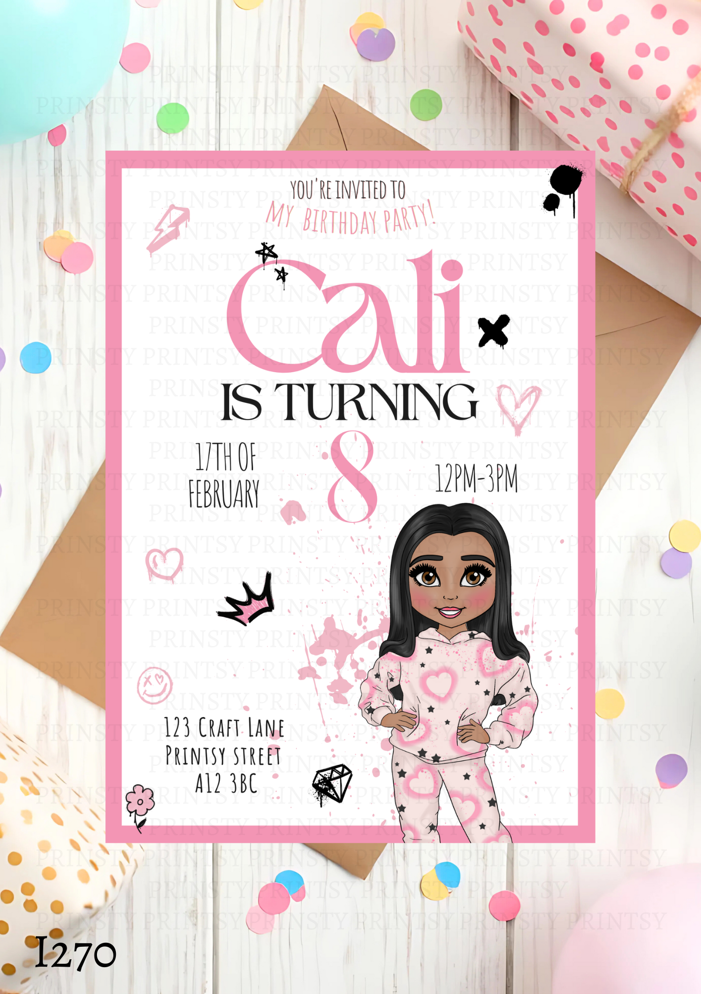 Pink Heart Graffiti Dolly Invite