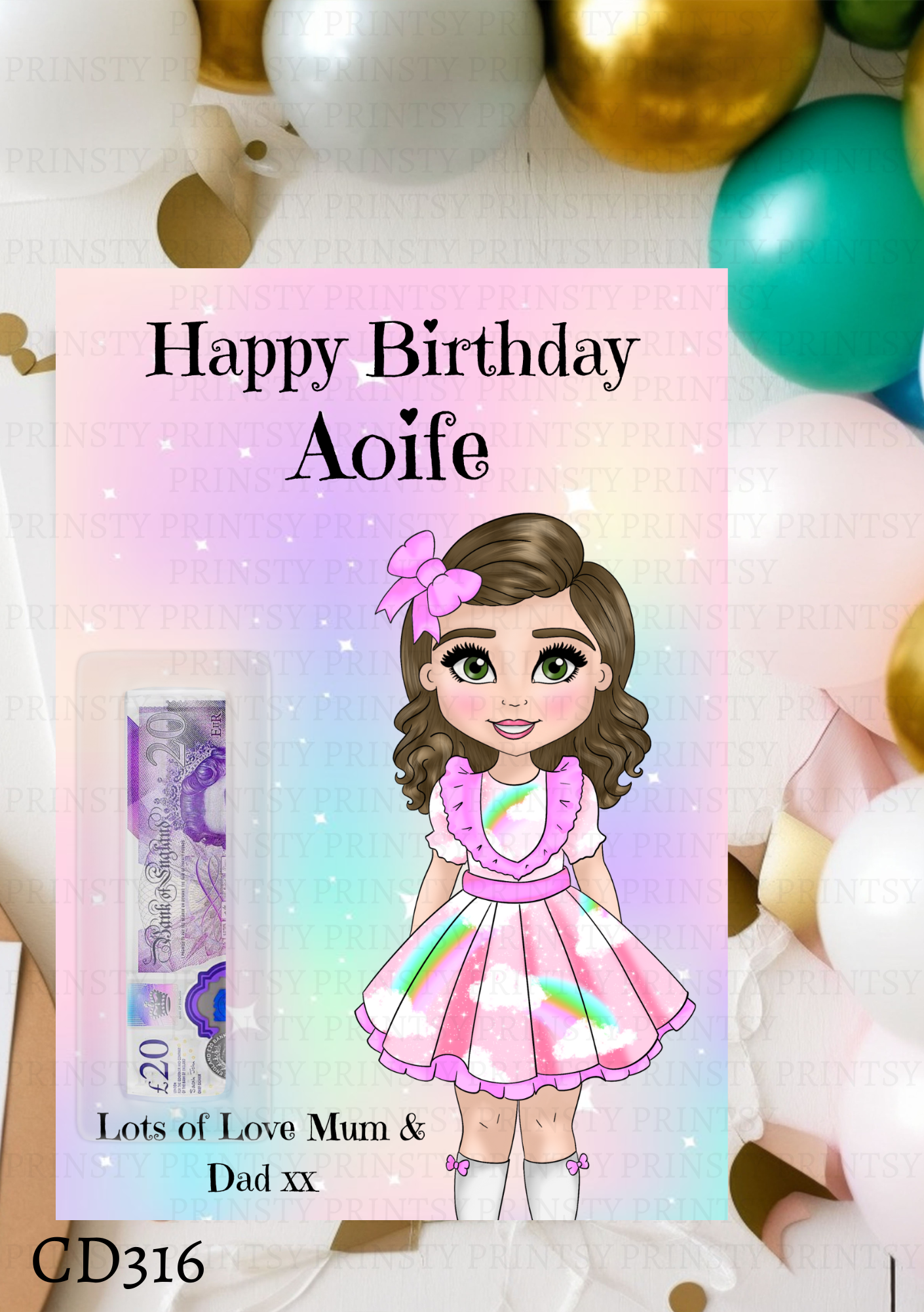 Rainbow Dolly Birthday Money Card