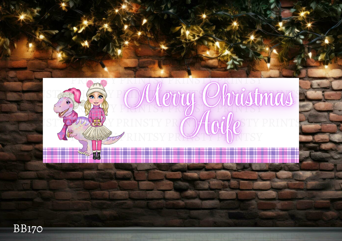 Pink Dino Christmas Dolly Banner